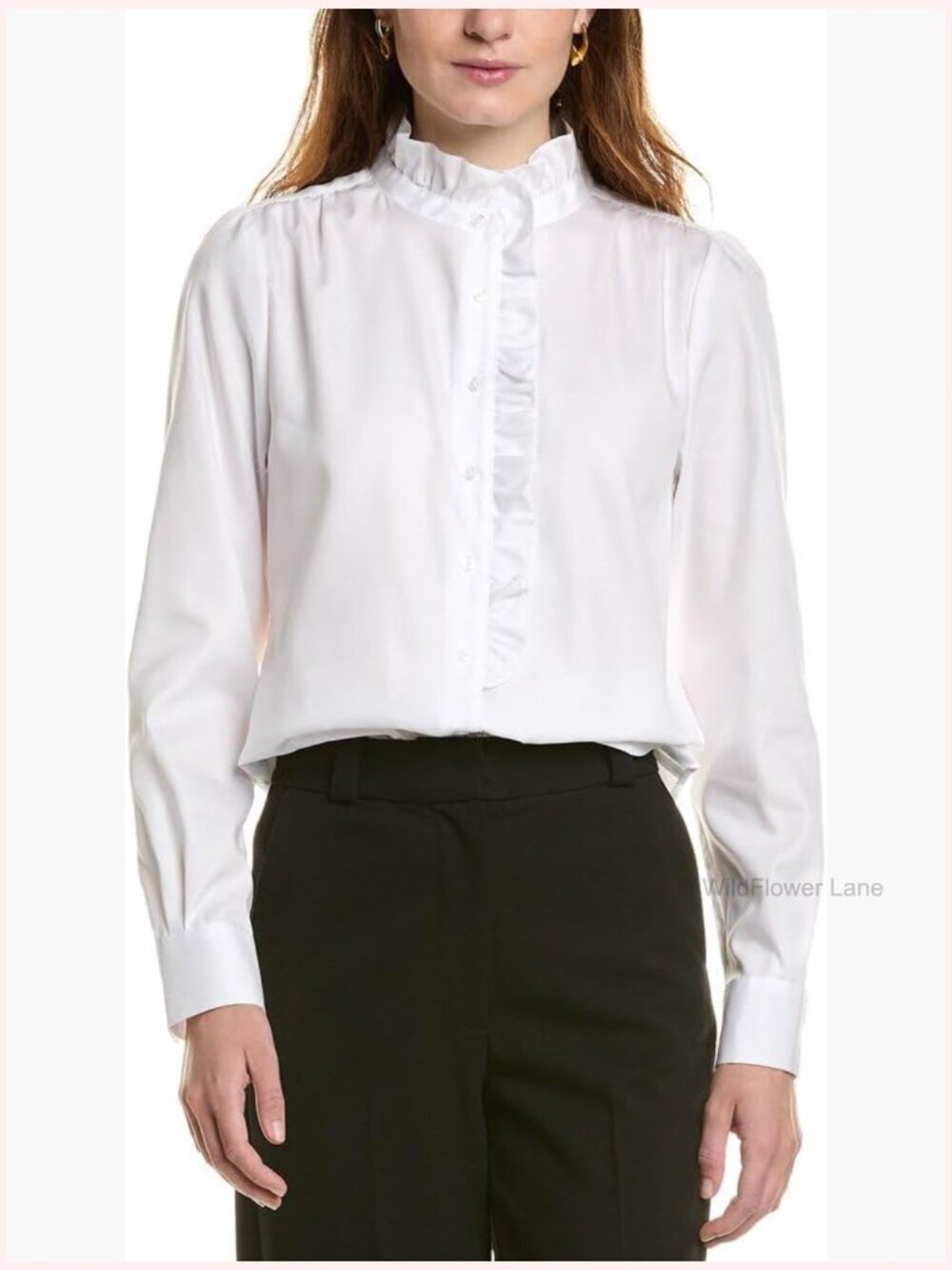 Long Sleeve Ruffle Button Down Shirt Cotton Regular Fit